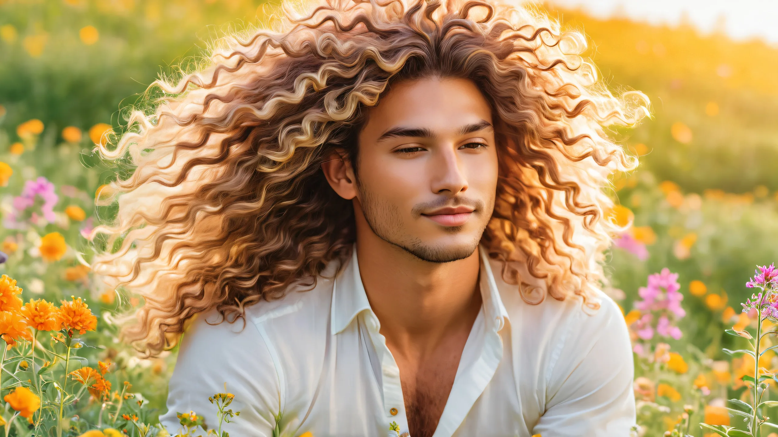 Epic Curly Crowned Bliss 4K Desktop Wallpaper A person basking in sunlight on a desktop or PC with curly brown hair and a meadow filled with wildflowers, suitable for screen readers.
