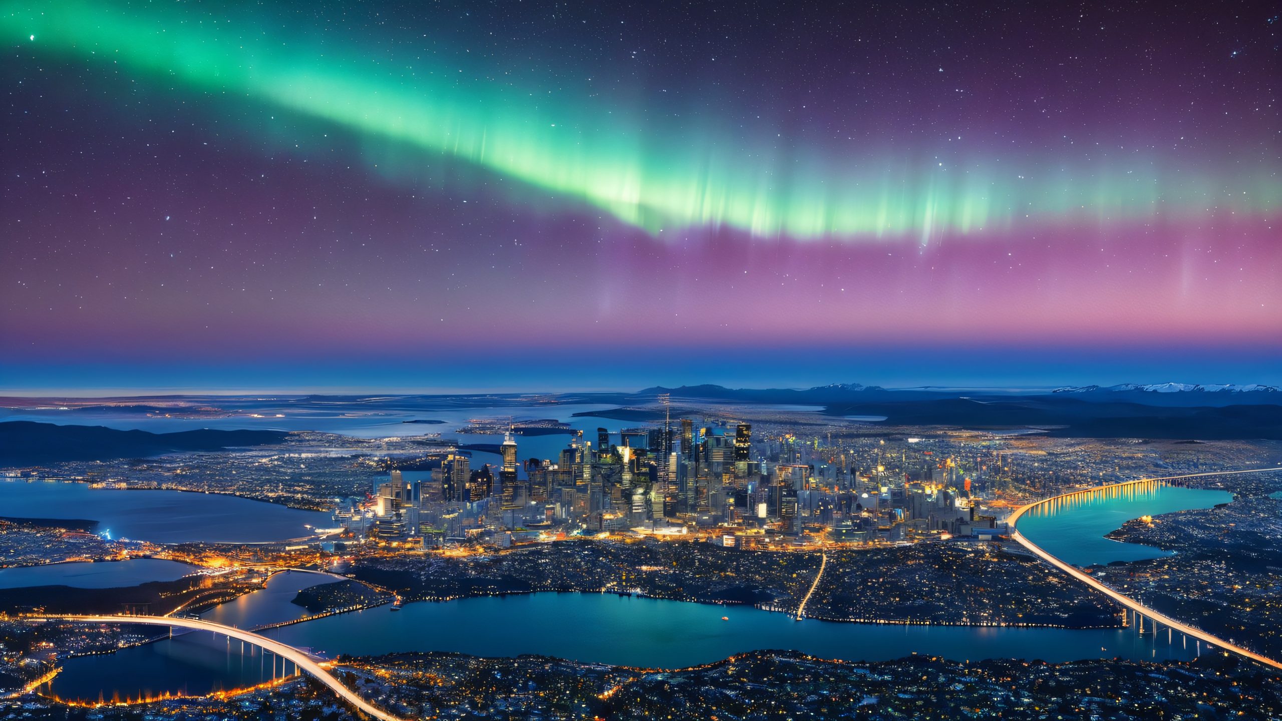 Stunning earth view from space, showcasing the curvature of the planet and the glow of city lights, aurora borealis/astral.