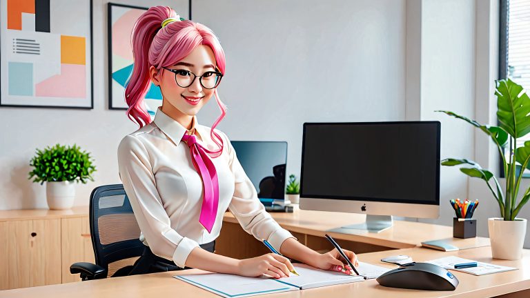cute office lady 4k wallpaper pink hair minimalist chic desktop background scaled