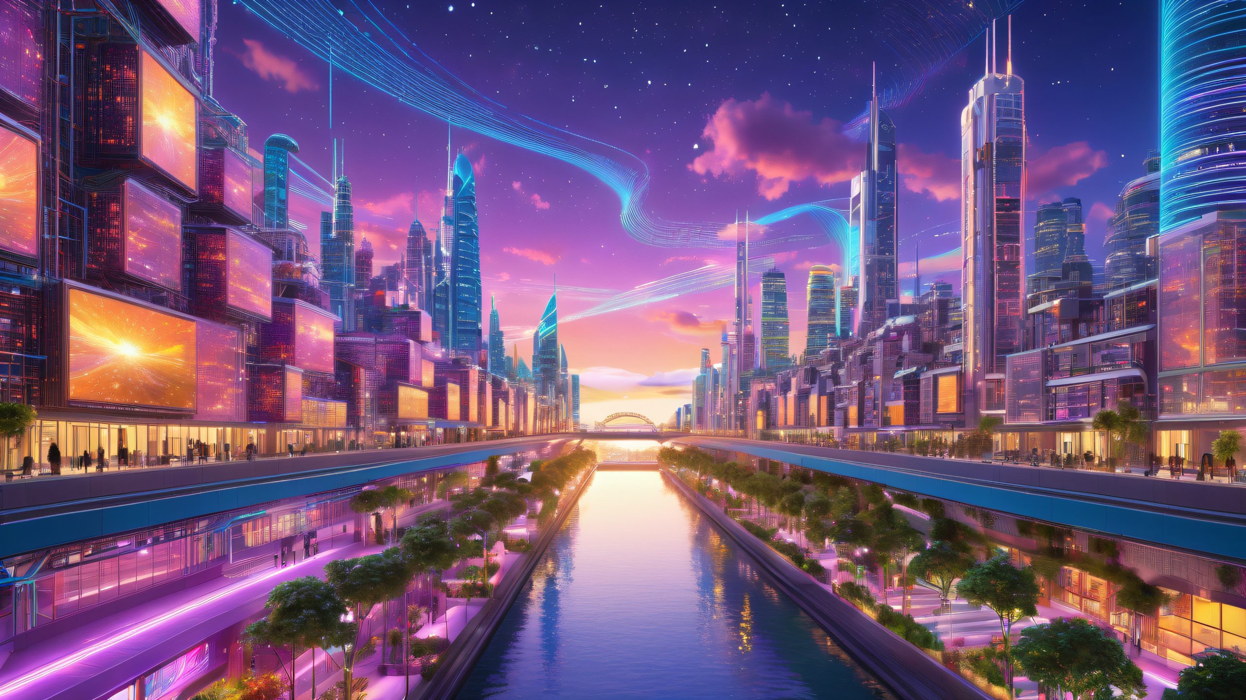 Futuristic cityscape with circuitry buildings, binary clouds, and data centers for desktop/pc
