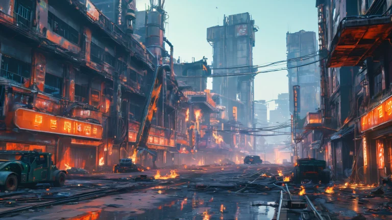 A desolate urban wasteland with crumbling skyscrapers and twisted metal wreckage, surrounded by a haze of toxic smoke and flickering neon lights on a desktop/PC.