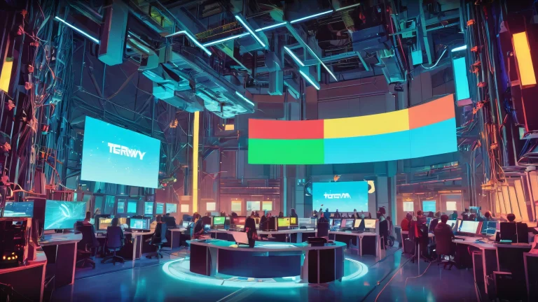 A group of developers and gamers gathered around a large screen displaying the Mazebound logo and release date in a futuristic laboratory setting filled with servers, screens, and machinery.