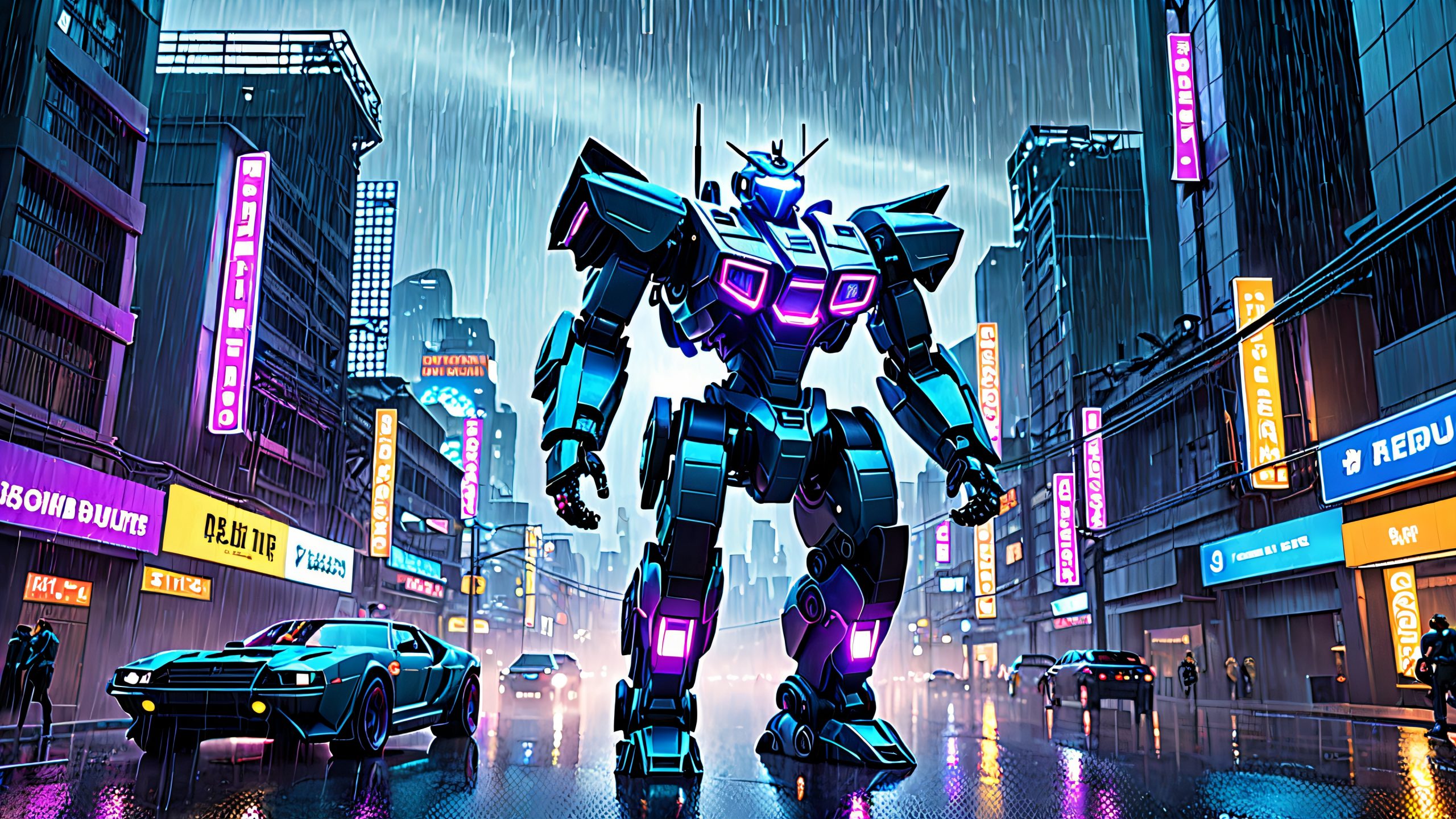 Combat robot rises from temple ruins amidst cityscape at night