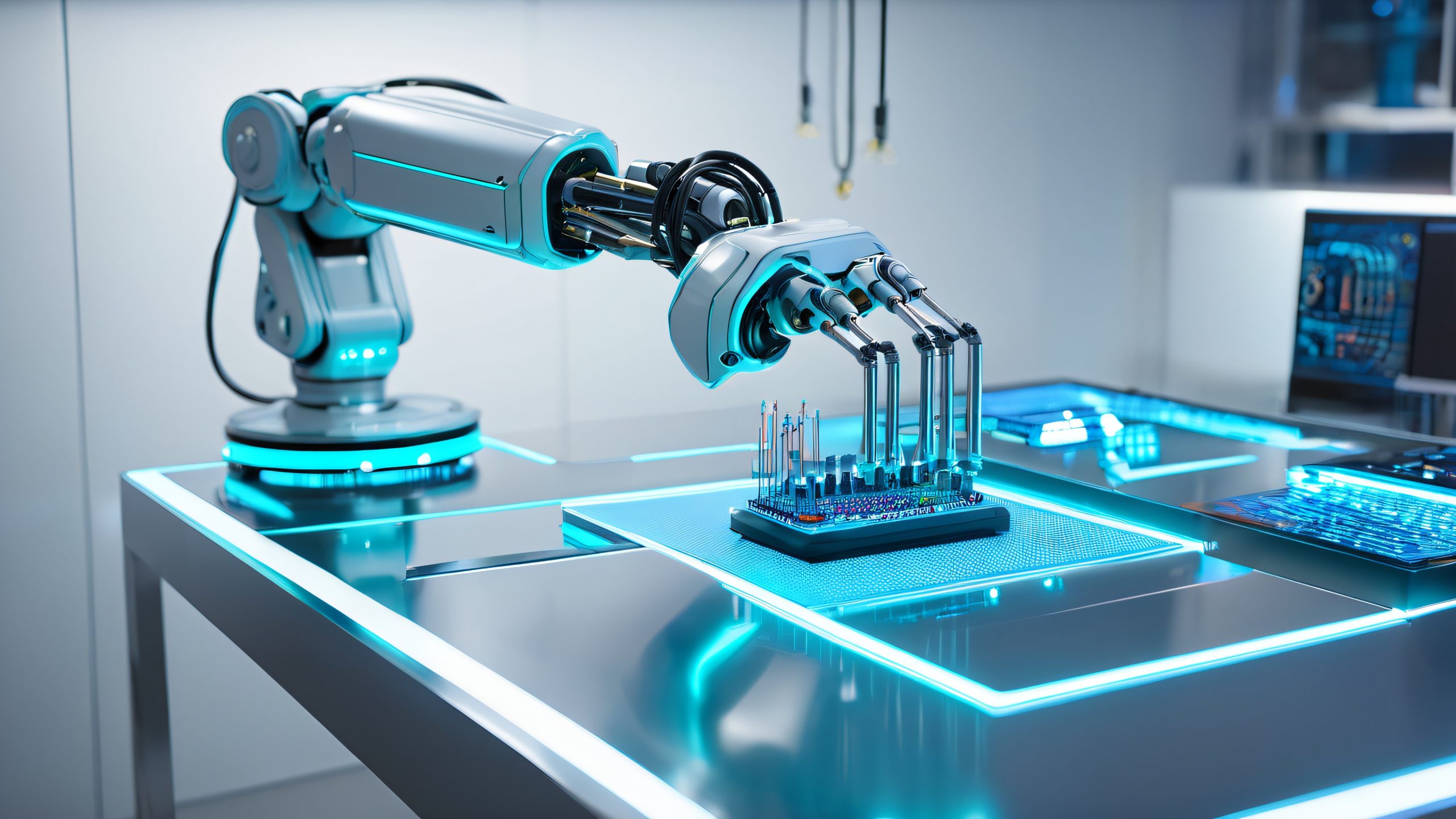 A robotic arm simulator suspended in a sterile laboratory setting for Desktop/PC