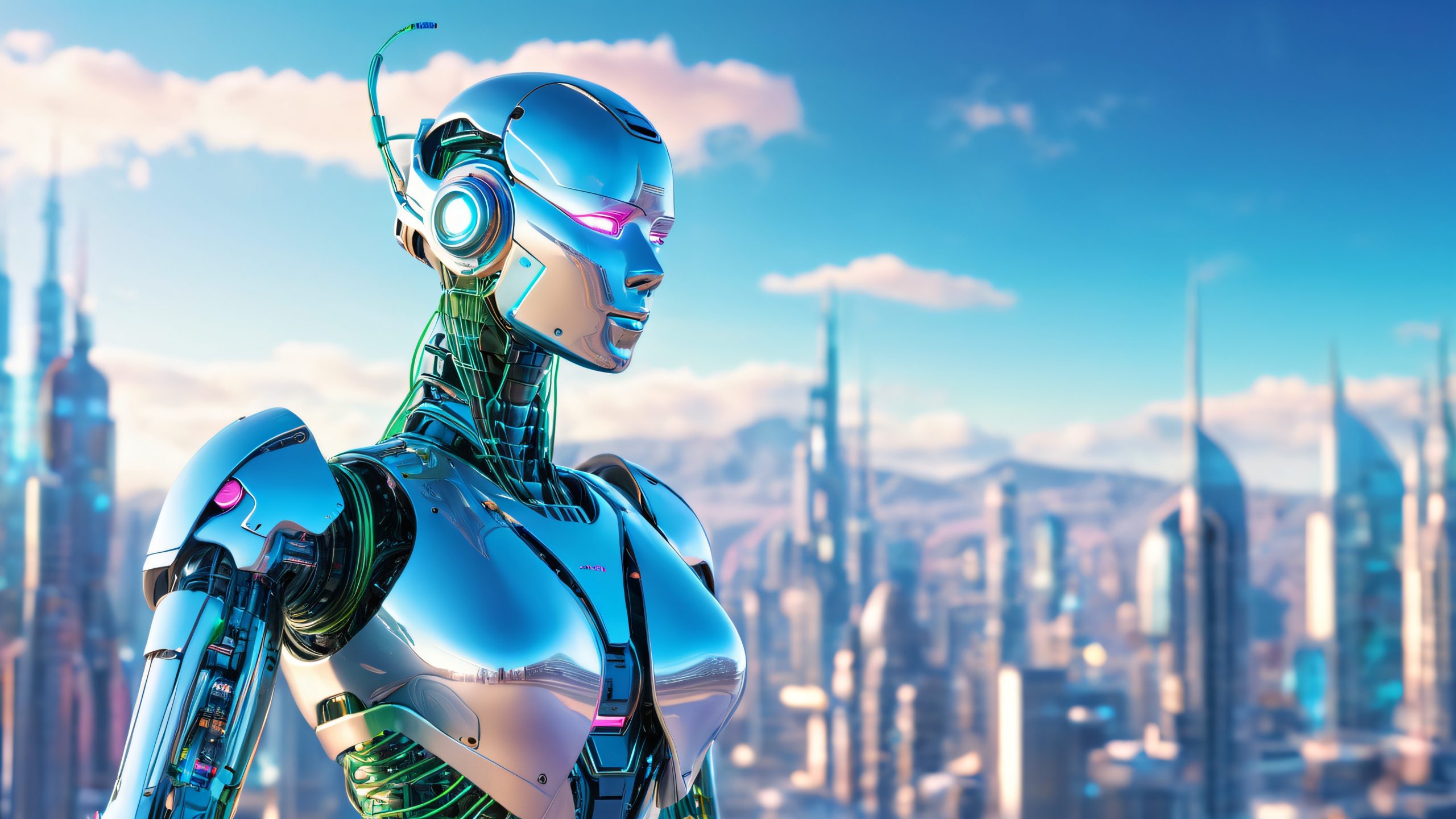 A futuristic biomechanical entity on a desktop/pc, surrounded by binary code and a cityscape.