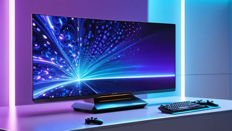 Breathtaking futuristic gaming console with fractal OLED screen on a dark desktop or PC.