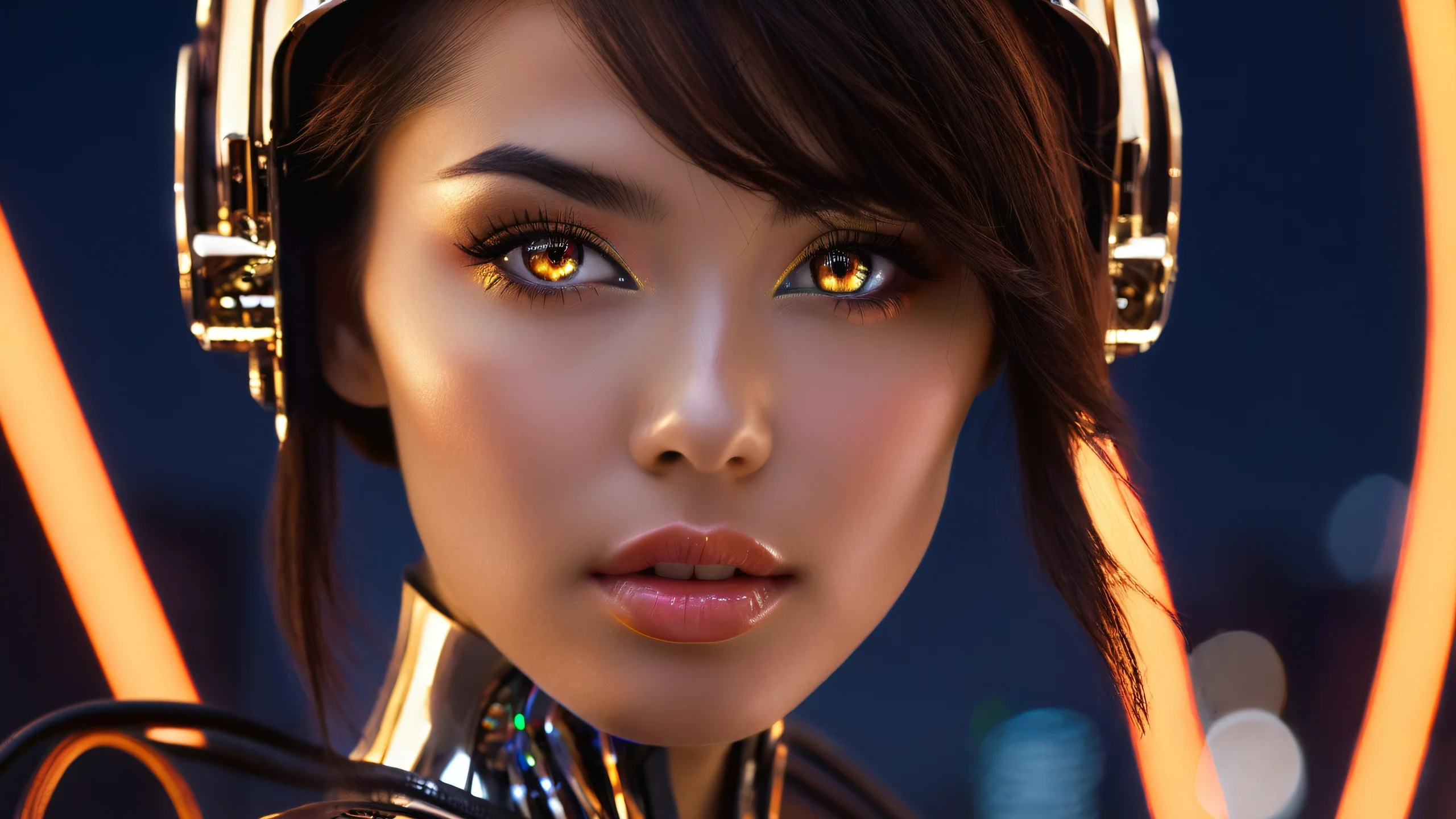Hyper-realistic cybernetic enhancements on a detailed feminine face with metallic textures and circuitry.
