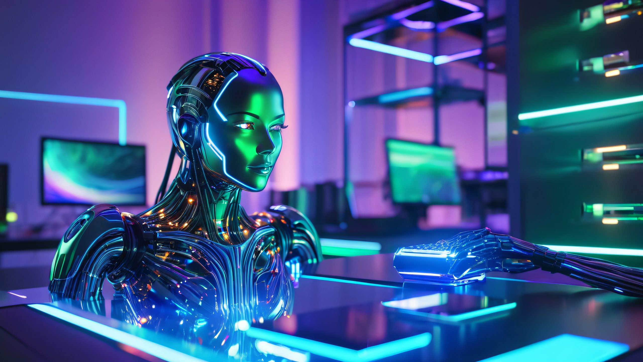 Desktop/PC wallpaper featuring a futuristic AI entity with glowing circuits and wires, surrounded by data-stream patterns, and a holographic display projecting a 3D computer hard drive.