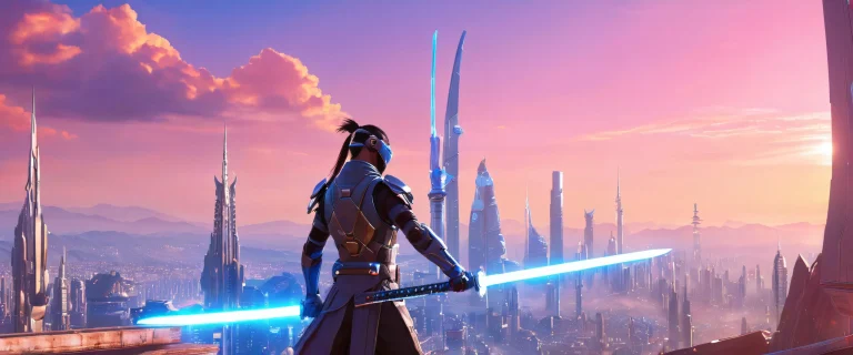 A futuristic cityscape with a cybernetic ninja wielding a glowing sword, デスクトップまたはPCに最適.