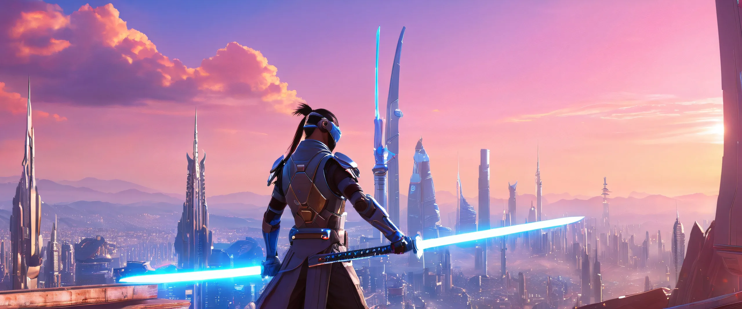 A futuristic cityscape with a cybernetic ninja wielding a glowing sword, perfect for desktop or PC.