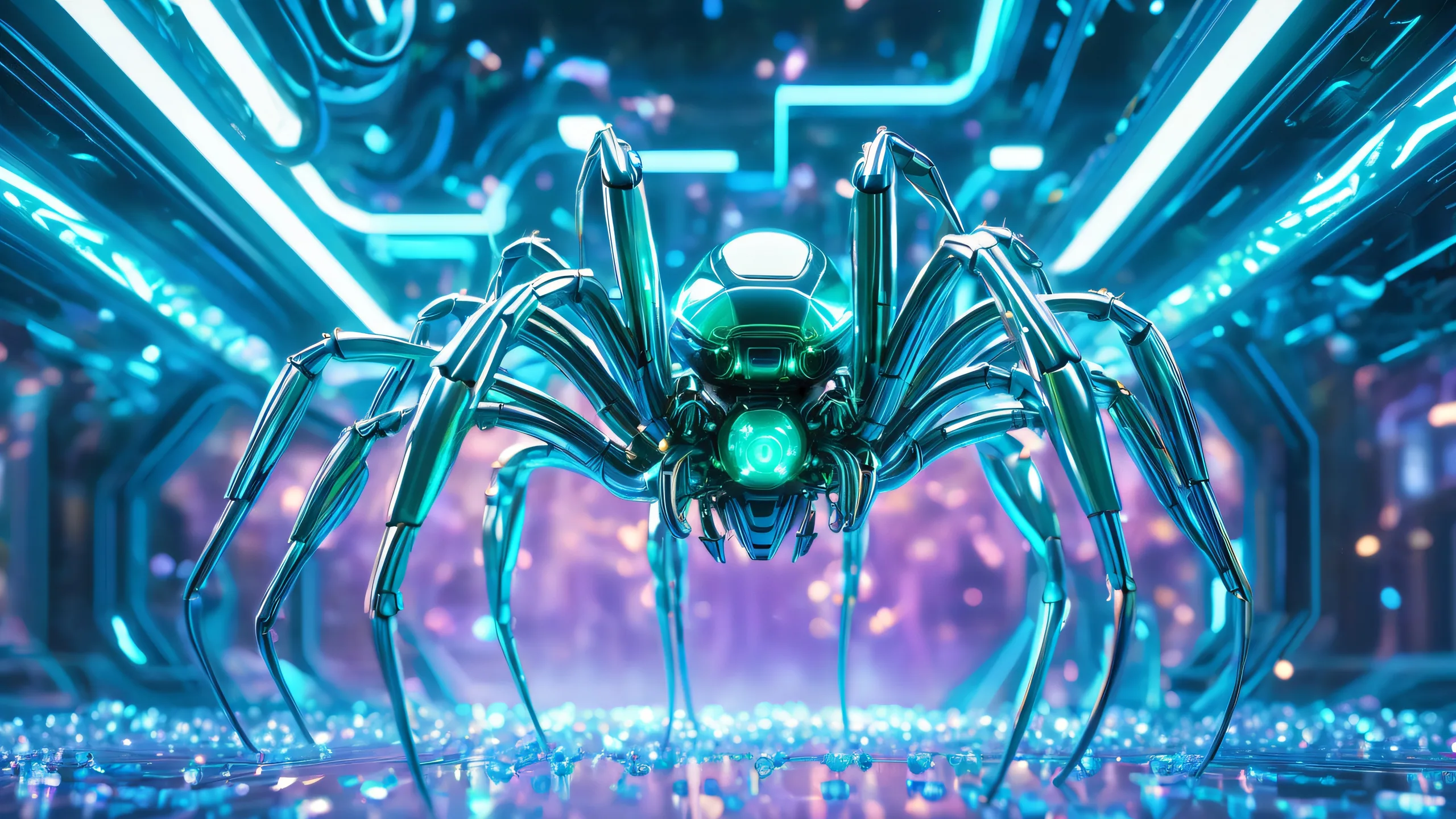 Epic Cybernetic Spider Dance 4K Desktop Wallpaper A swarm of biomechanical arachnids suspended in mid-air amidst a swirling vortex of metallic fibers and micro-circuitry, suitable for desktop/PC background.