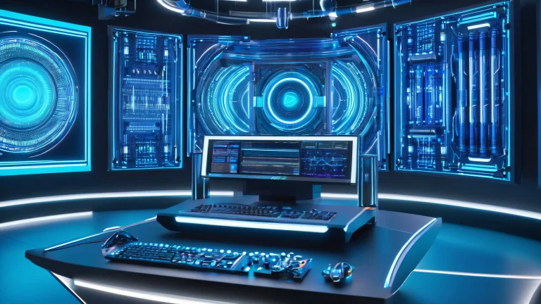 Futuristic video processing console with holographic screens and LED lights on a metallic laboratory desktop for PC.