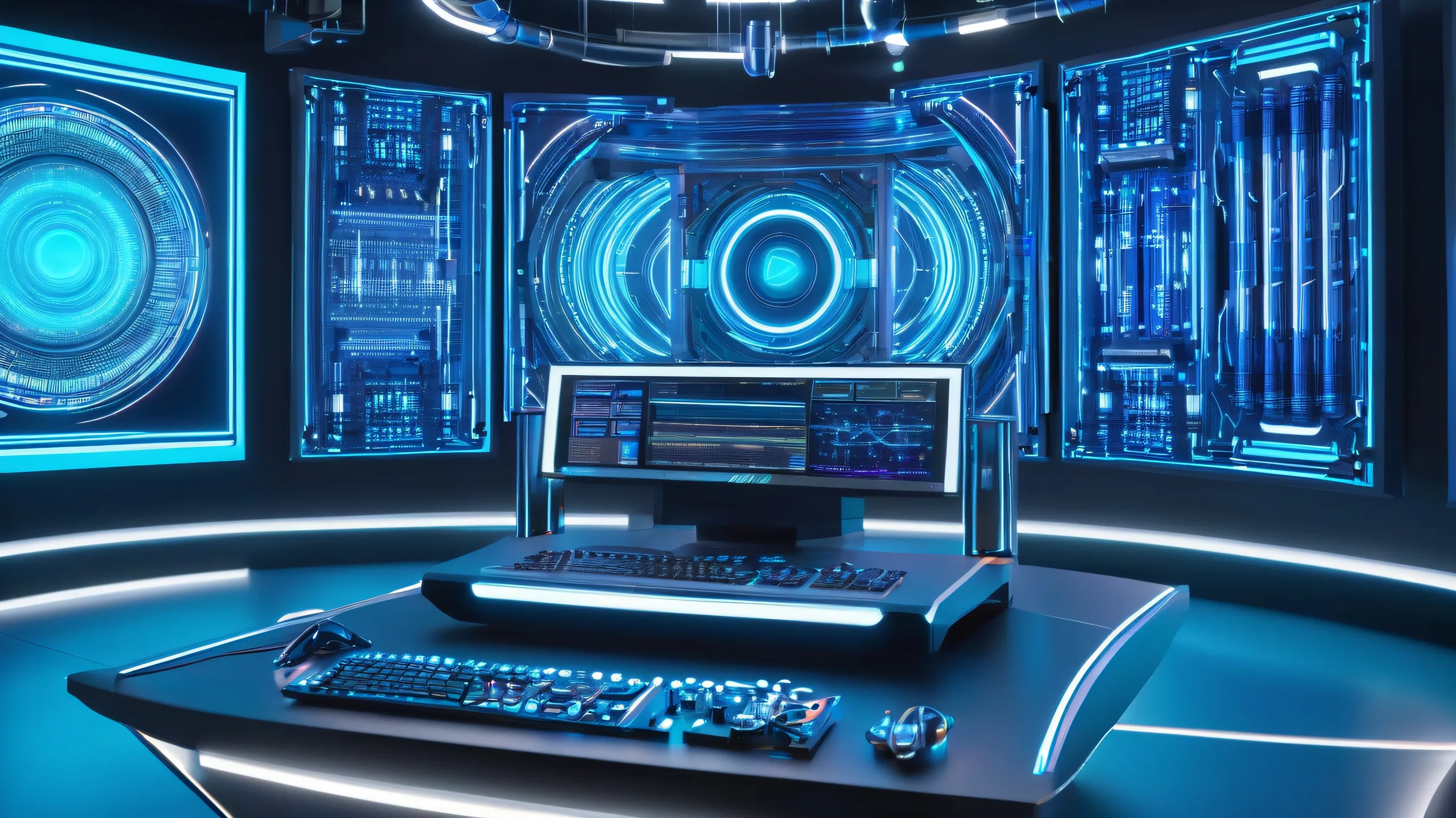 Ultra HD Cybernetic Video Vortex Wallpaper Futuristic video processing console with holographic screens and LED lights on a metallic laboratory desktop for PC.