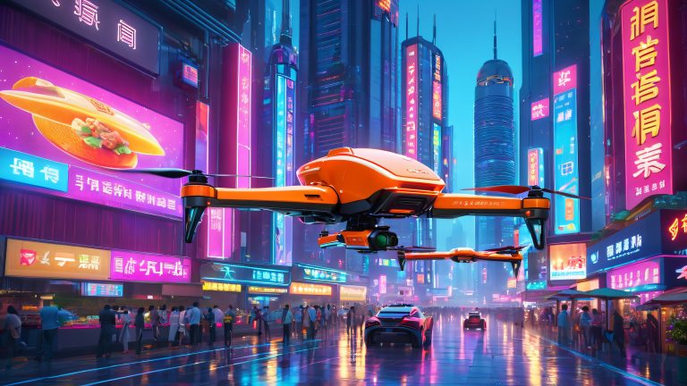 cyberpunk 4k wallpaper neon shenzhen cityscape food delivery drones scaled