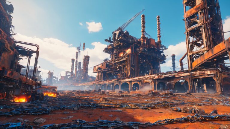 cyberpunk apocalypse machine rises from ruins scaled