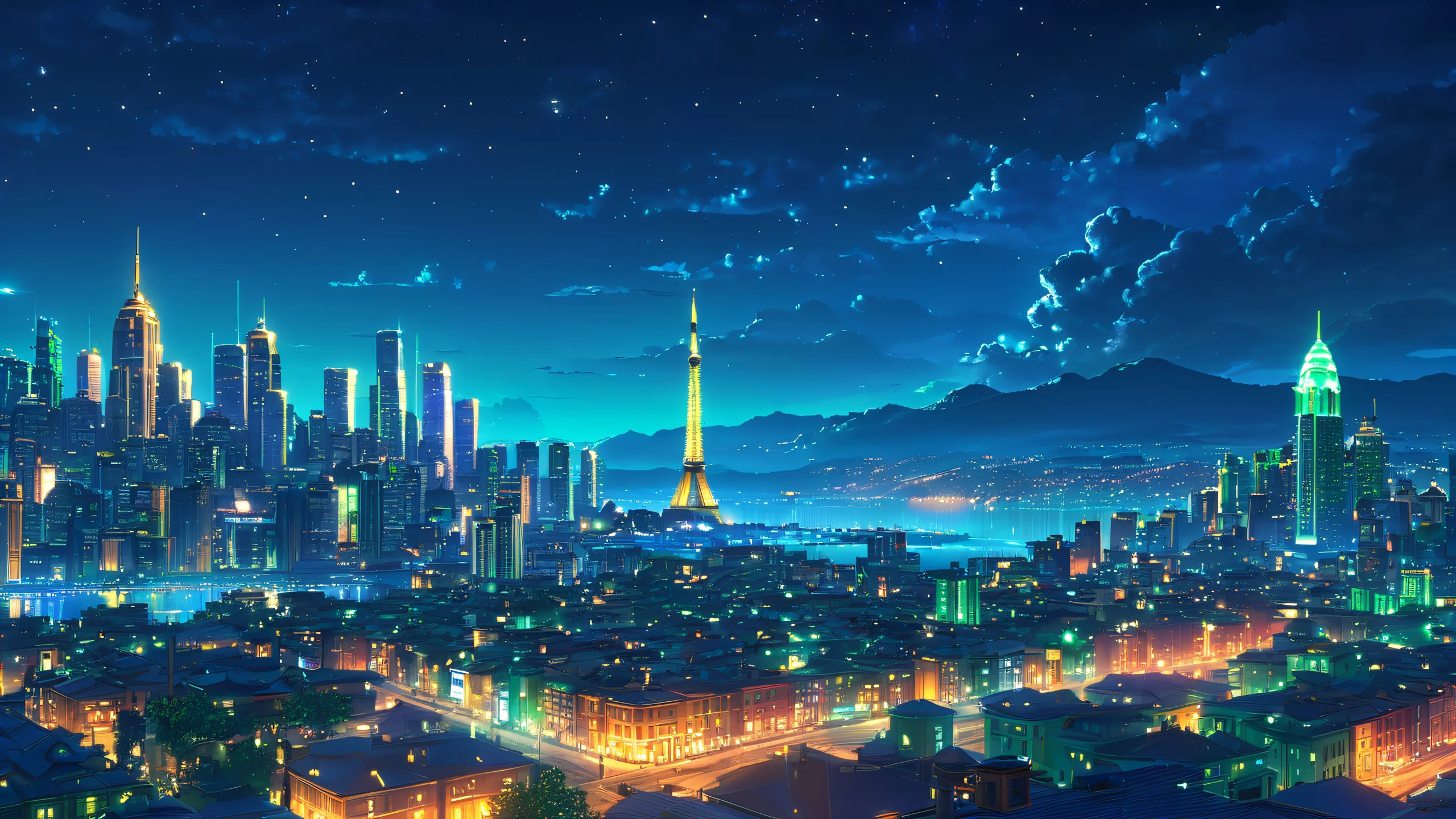 Cyberpunk City Nightscape Aesthetic PC Wallpaper A stunning cyberpunk cityscape at night, with vibrant blue and green lights illuminating the urban landscape.