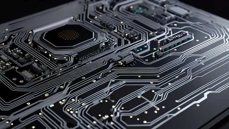 A futuristic city landscape with neon-lit skyscrapers and a dark, moody atmosphere.