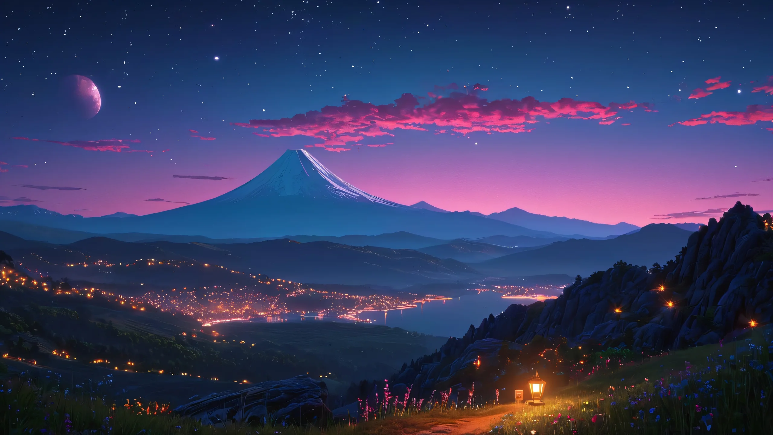 A futuristic cityscape at dusk with neon lights and dark skyscrapers.