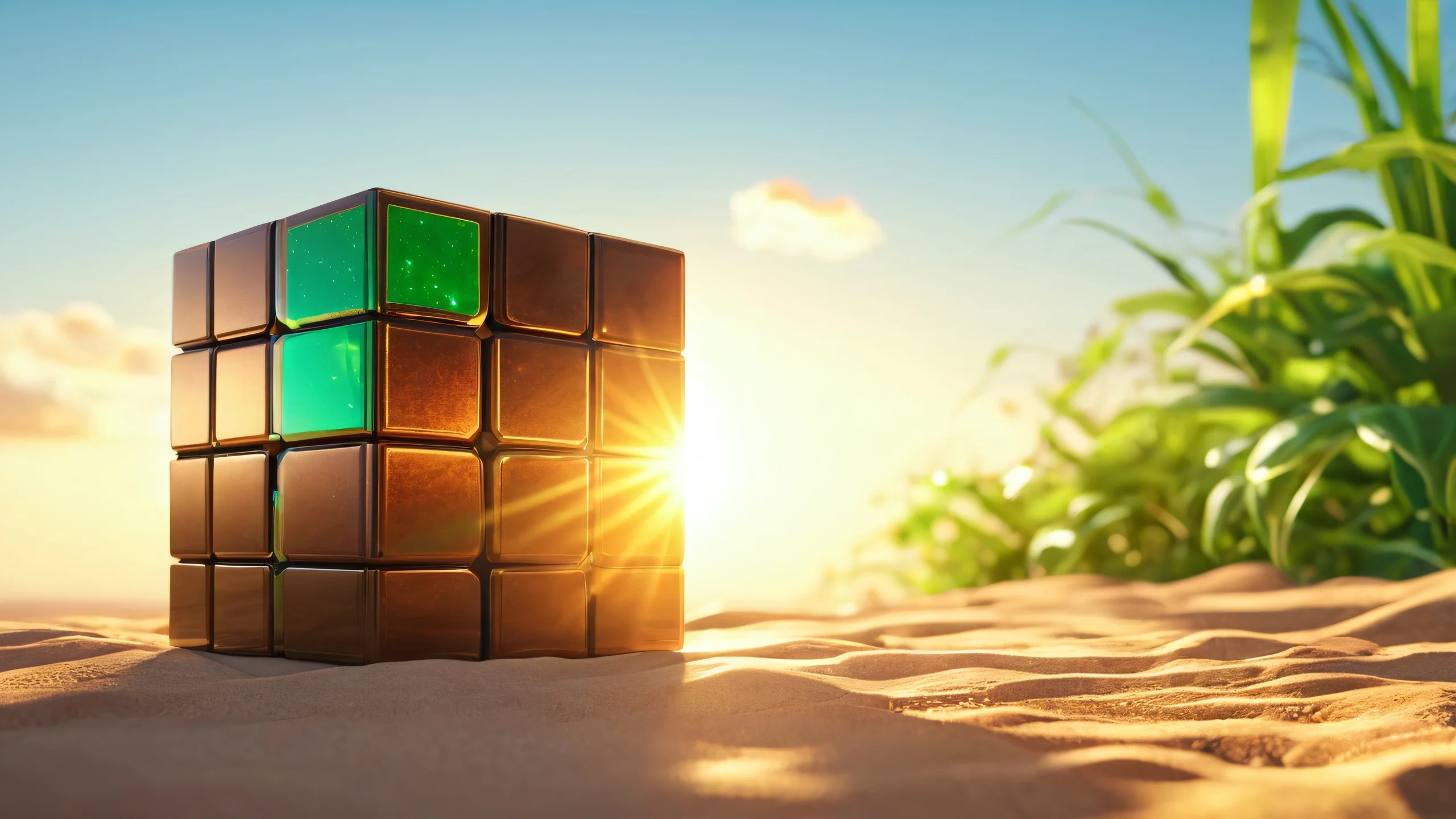 4K Cyberpunk Cityscape Dawn Desktop Background A futuristic cityscape bathed in warm sunlight with lush green and brown hues.