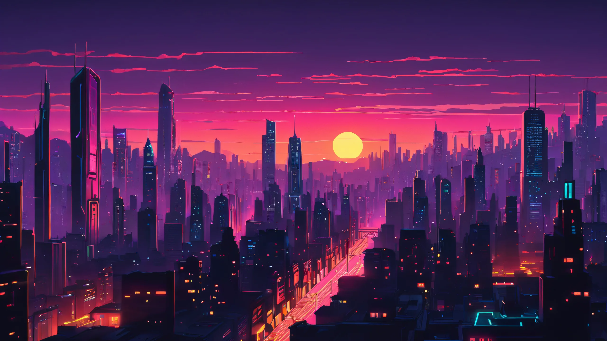 Aesthetic Cyberpunk Cityscape Dusk Background Neon-lit cityscape at dusk with intricate details and vibrant colors.