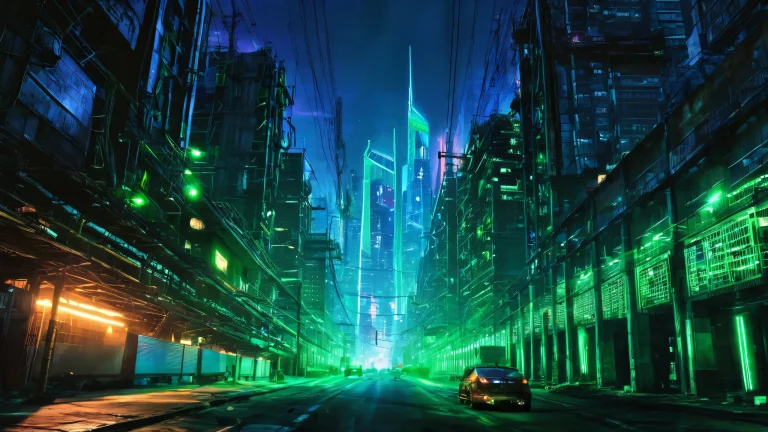 A futuristic cityscape with a server farm in the foreground, illuminated by pulsing blue and green LED lights. Suitable for desktop use on PC or Desktop/PC.