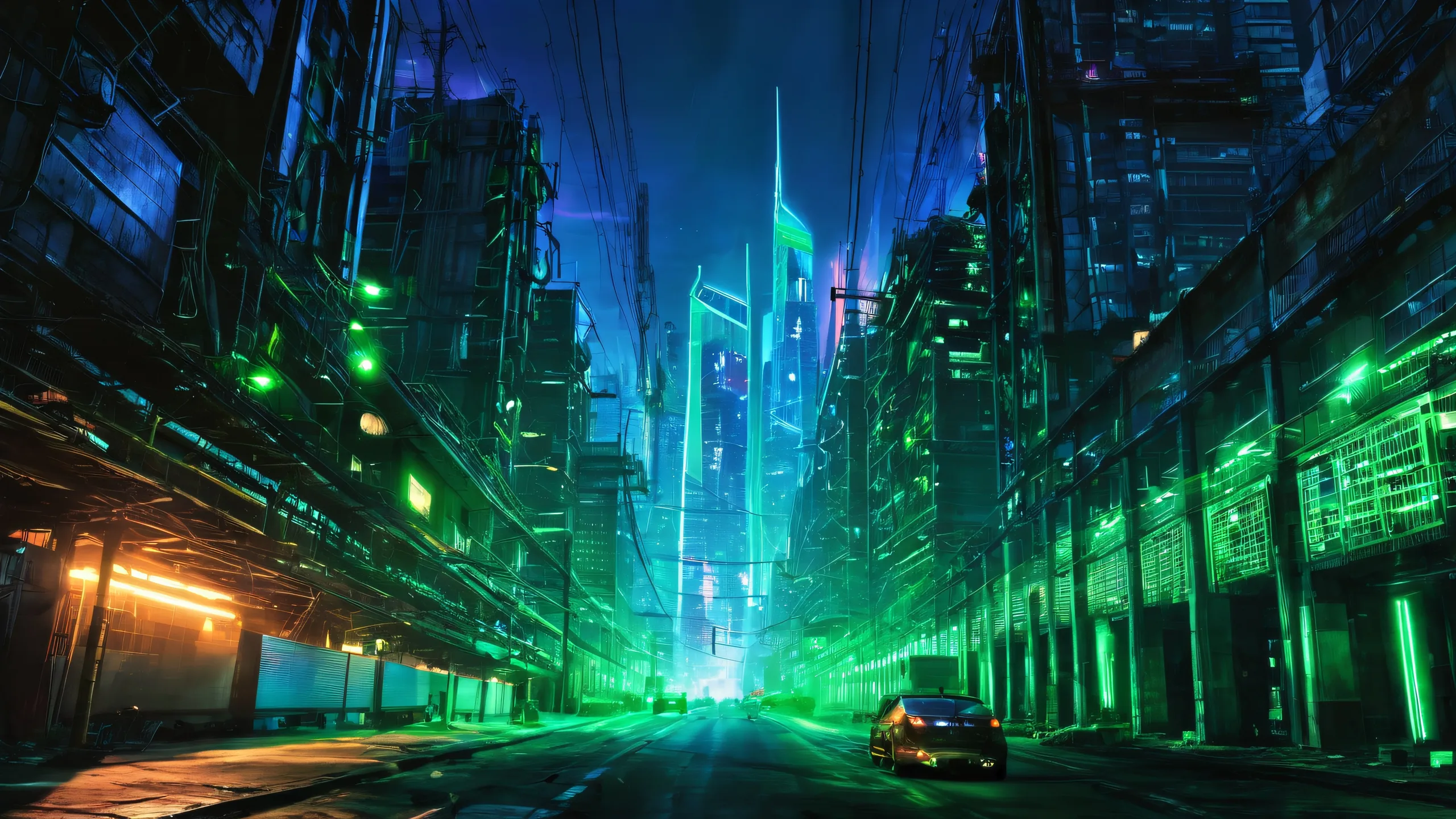 Epic Cyberpunk Cityscape Masterpiece 4K Desktop Wallpaper A futuristic cityscape with a server farm in the foreground, illuminated by pulsing blue and green LED lights. Suitable for desktop use on PC or Desktop/PC.