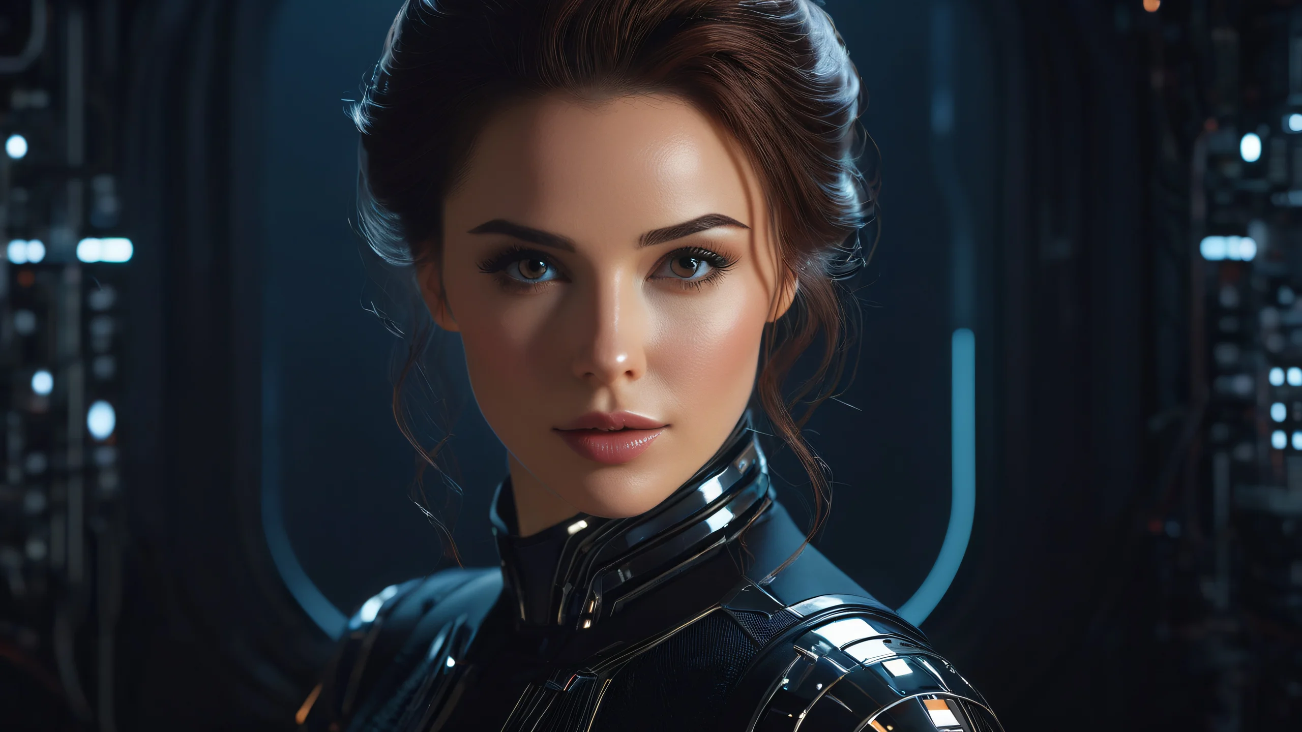 A dark and gritty cyberpunk cityscape with neon-lit portraits and circuitry details.