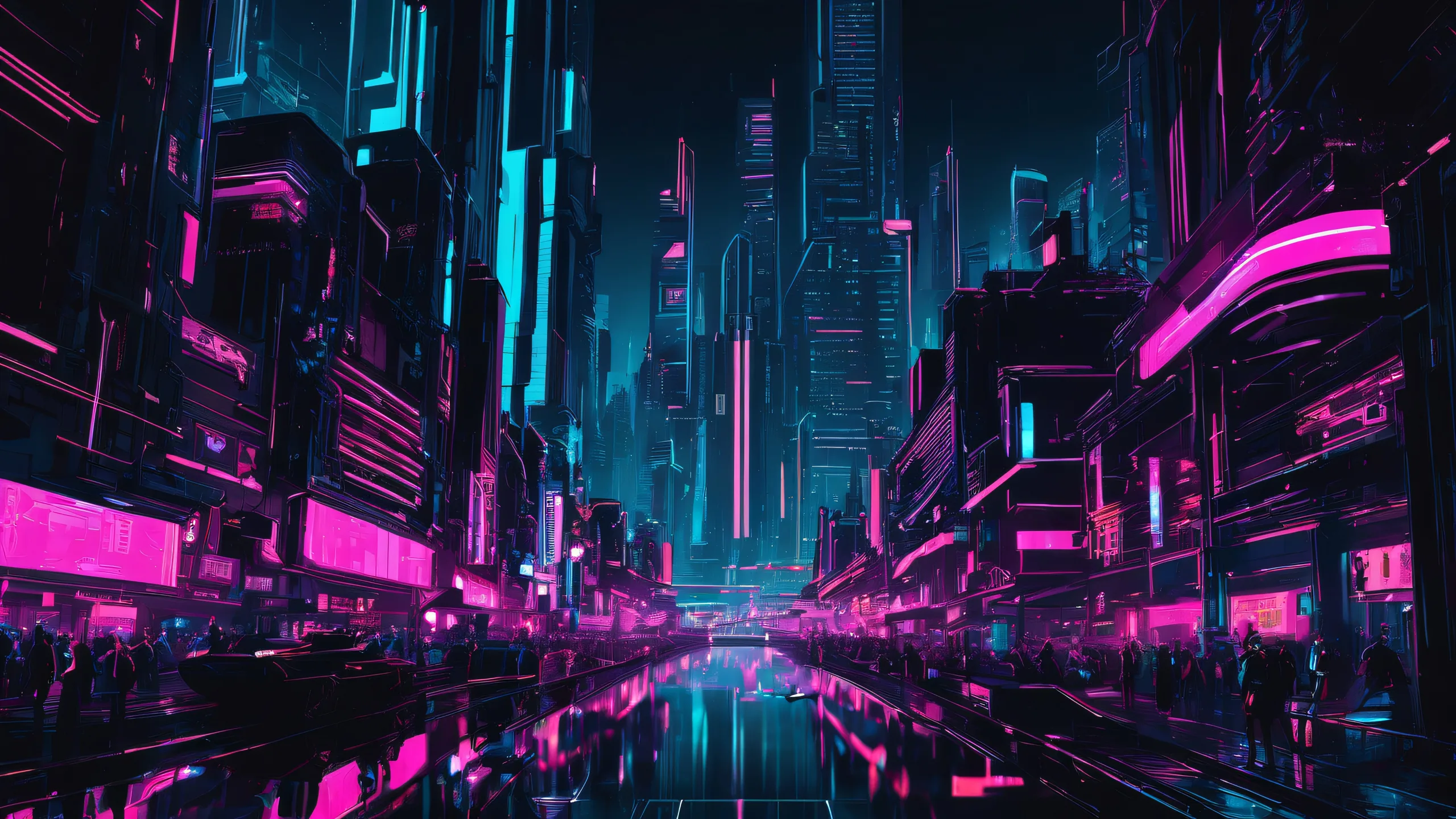 Breathtaking Cyberpunk cityscape desktop wallpaper for PC or Desktop with vibrant neon accents and deep blacks.