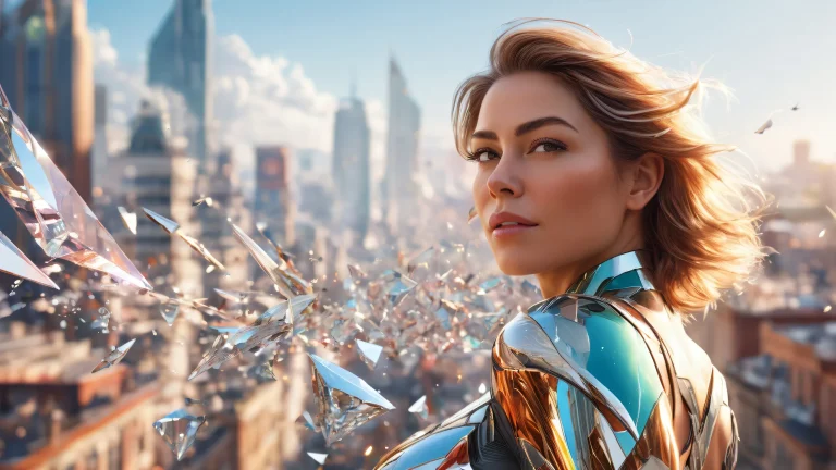 Mature female above a cityscape with ray tracing and depth of field techniques, cinematic lighting and glass shards, for desktop/PC use.