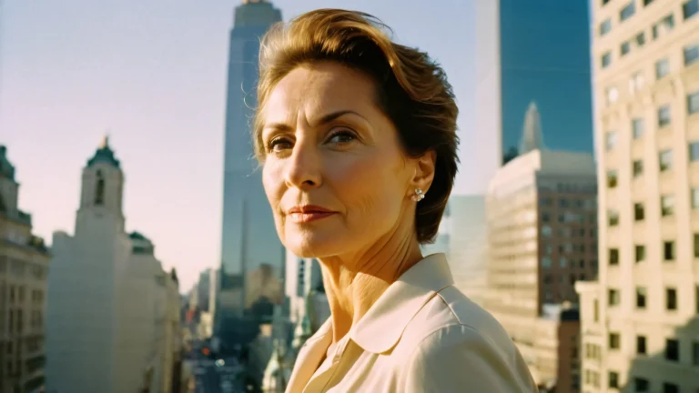 A mature female figure stands above a cityscape at dusk, with cinematic lighting and organic film grain effects.