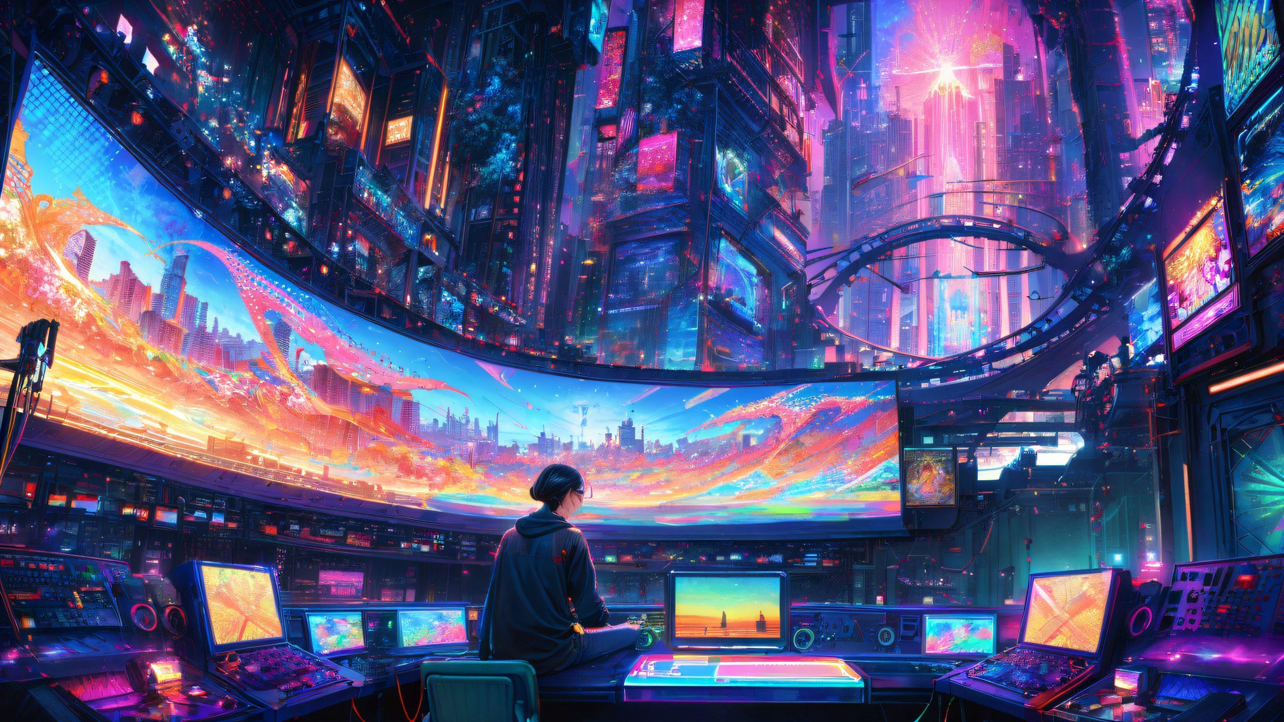 Gamer surrounded by digital code and circuitry, with a futuristic cityscape at dawn, and the Gunime console displaying'Ultimate Maximum' pixel art, for desktop/pc use.