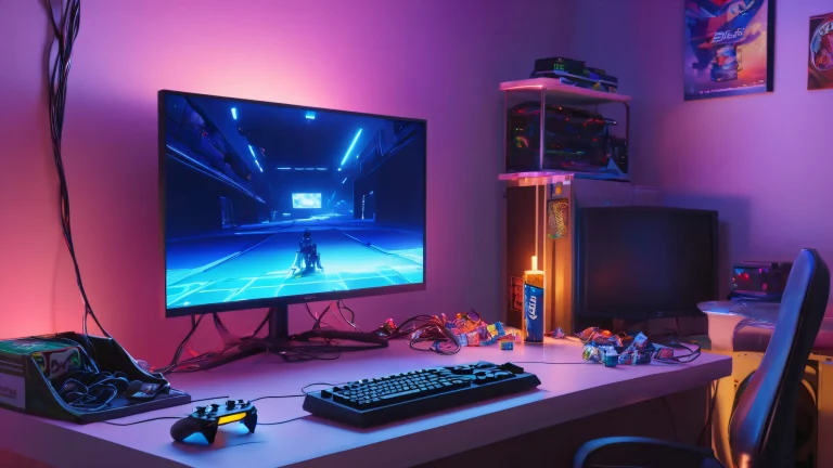 A young gamer sitting in front of a dimly lit computer screen, surrounded by clutter and chaos, on Desktop/PC.