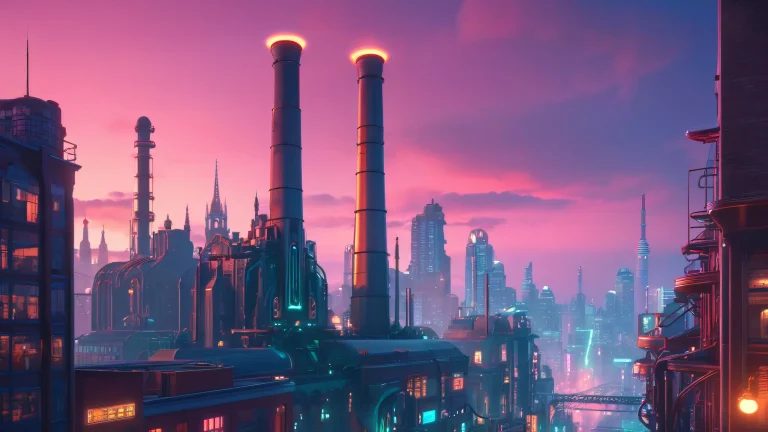 A retro-futuristic cityscape at dusk with a gothic heroine and steam-powered machinery, suitable for desktop/pc