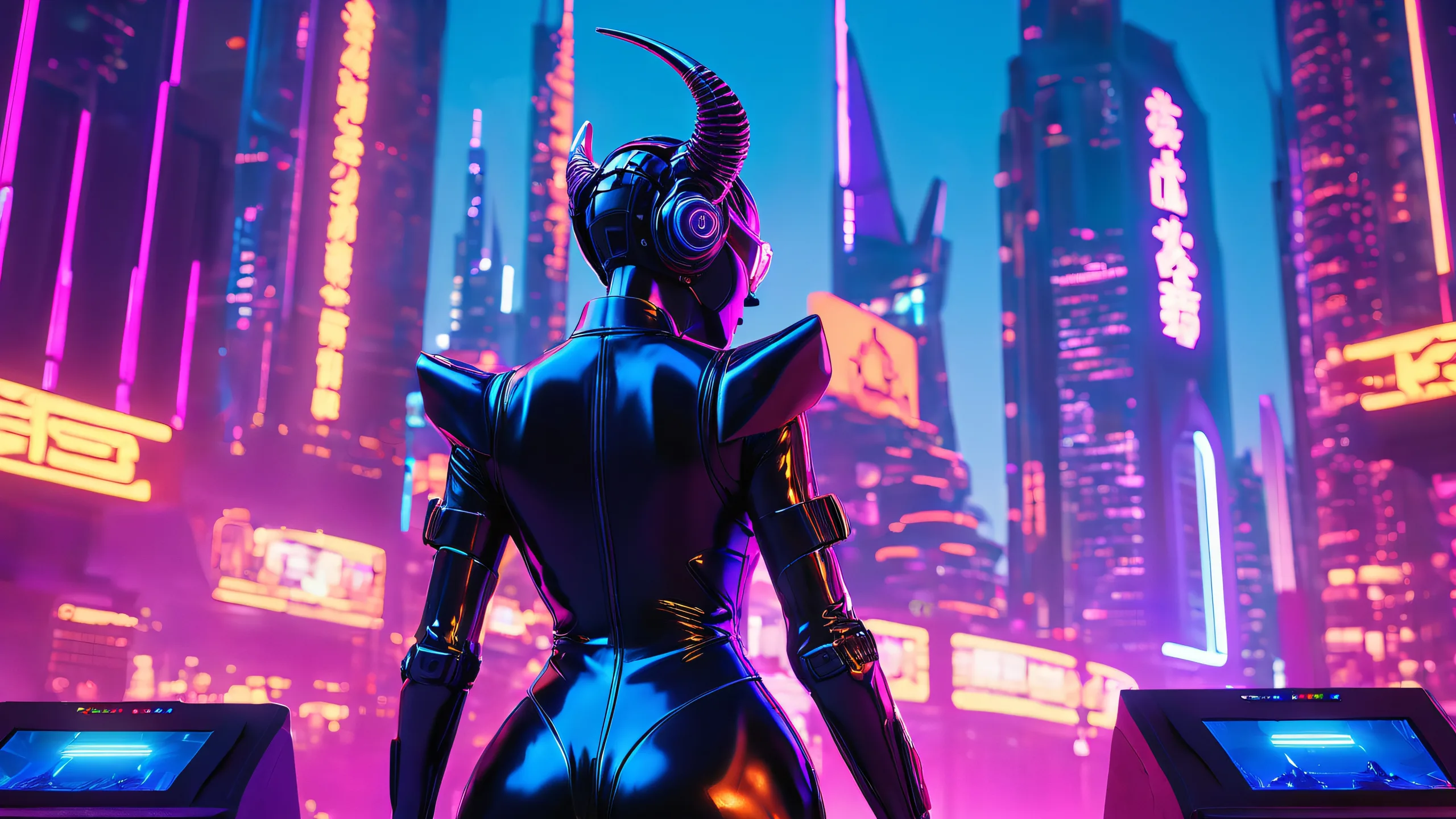 Epic Cyberpunk Hive Mind Assemble 4K Desktop Wallpaper Group of demon hackers gathered around a holographic terminal on a desktop/PC, with a dystopian cityscape and machinery humming in the background.