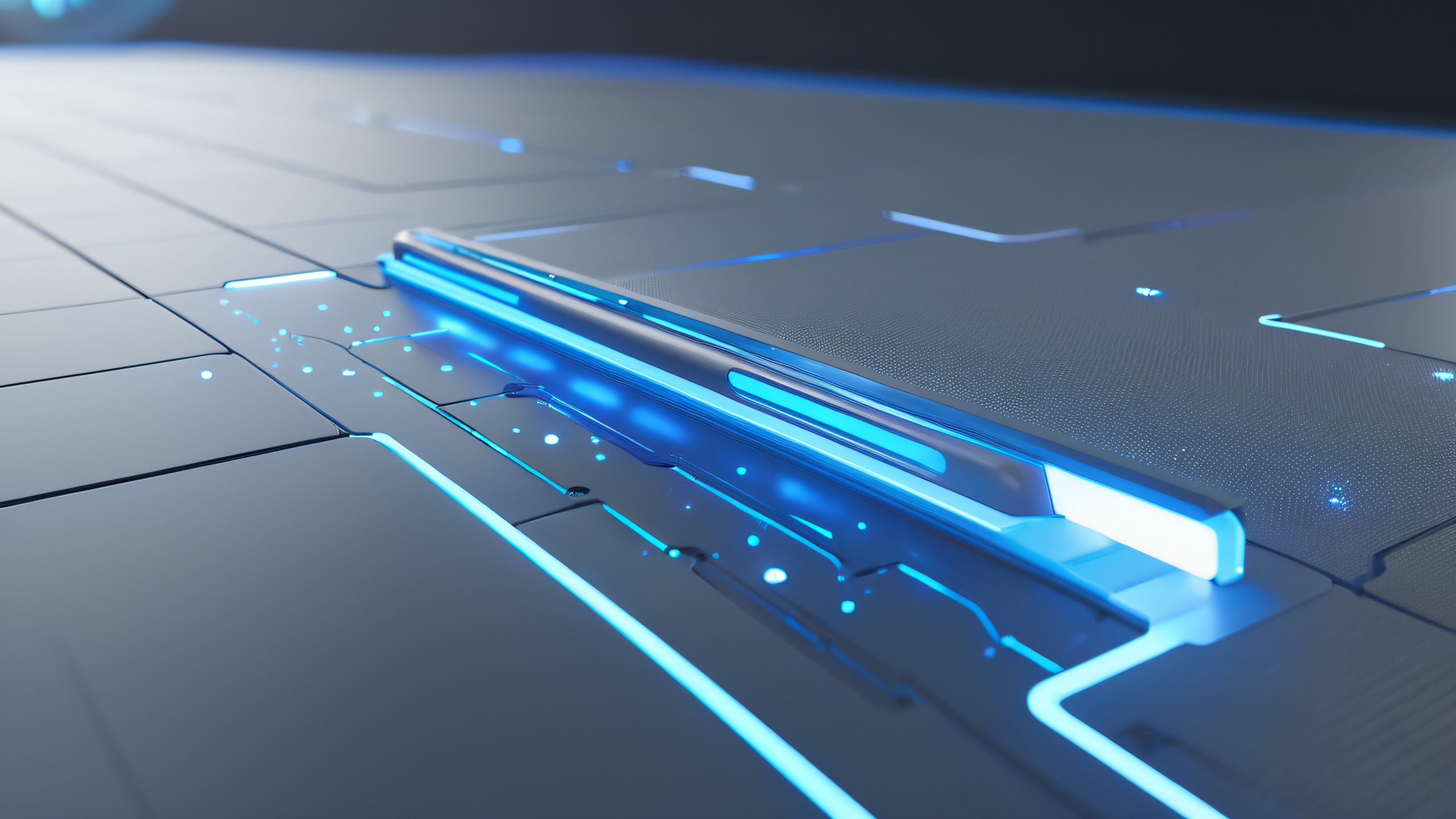 Aesthetic Cyberpunk Interface Odyssey Background Breathtaking 4K desktop wallpaper featuring a futuristic rendering tool interface on a dark gray background with glowing blue lines and neon-lit buttons, surrounded by a halo of soft white light and wispy particles resembling code snippets. Perfect for desktop/PC.