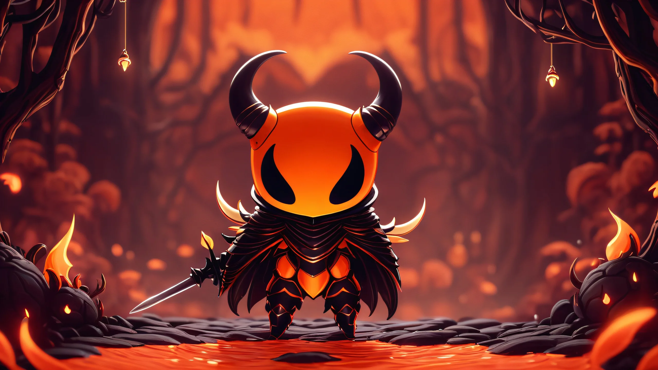 Stunning Cyberpunk Lava Landscape 4K Wallpaper A majestic pixel art scene featuring Hornet from Hollow Knight set against a vibrant lava-filled backdrop.