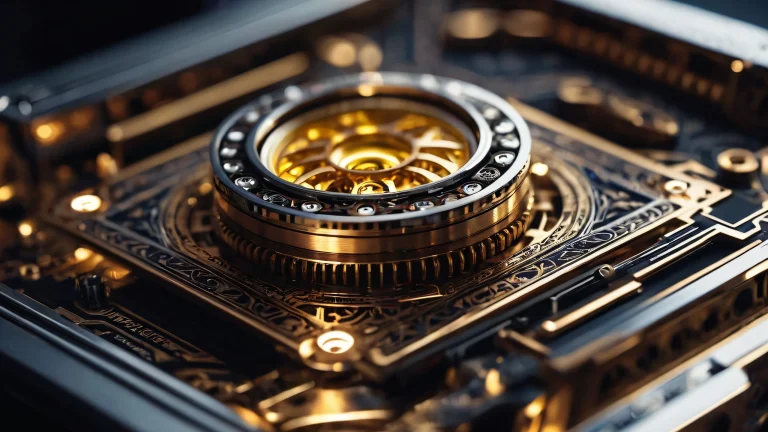 Desktop wallpaper featuring a futuristic faceplate with intricate mechanical patterns and doodling, showcasing depth of field and bokeh effects.