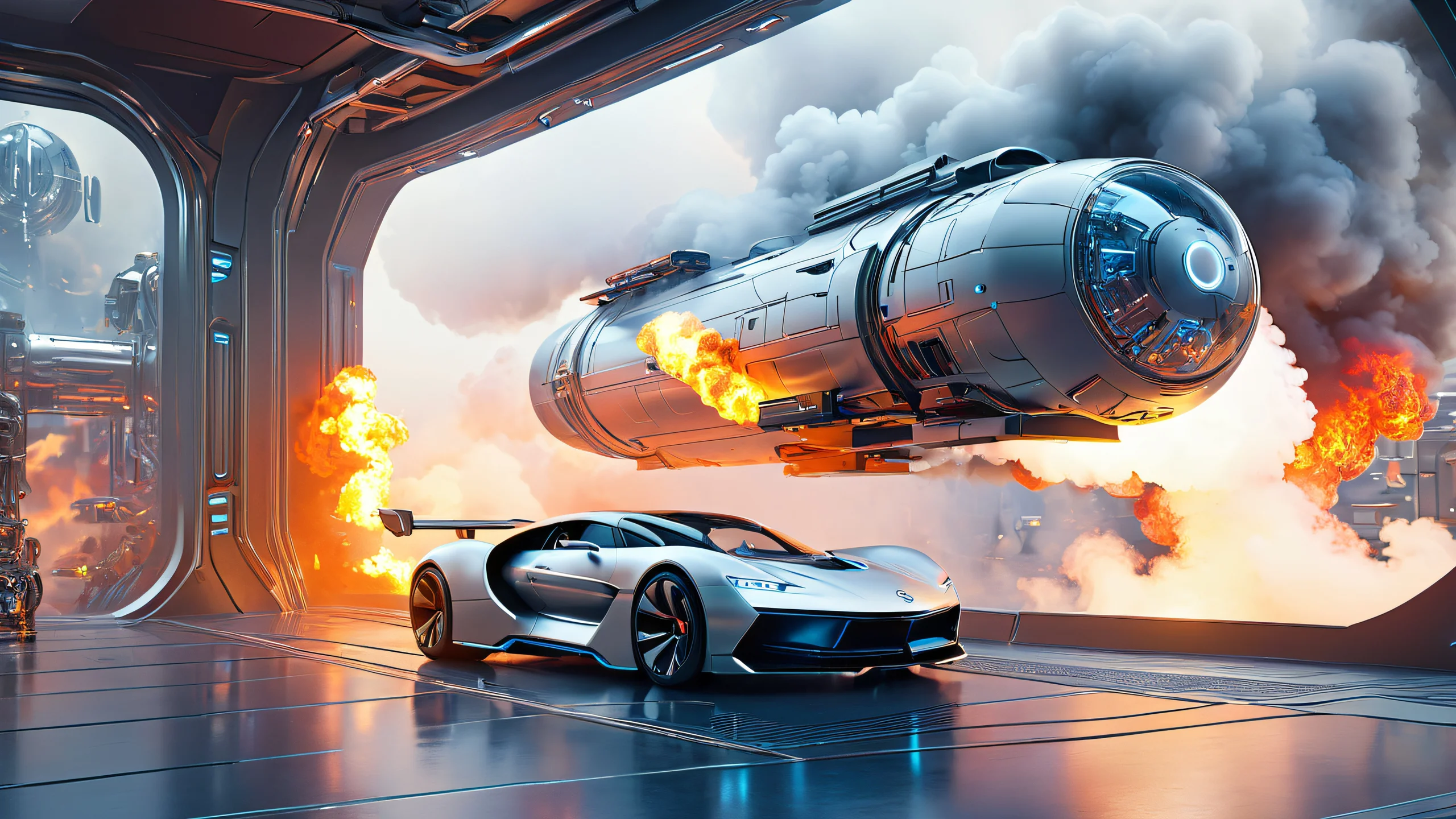 4K Cyberpunk Metropolis Masterpiece Desktop Background A futuristic cityscape with sleek skyscrapers and swirling smoke clouds, set against a deep blue and purple background.