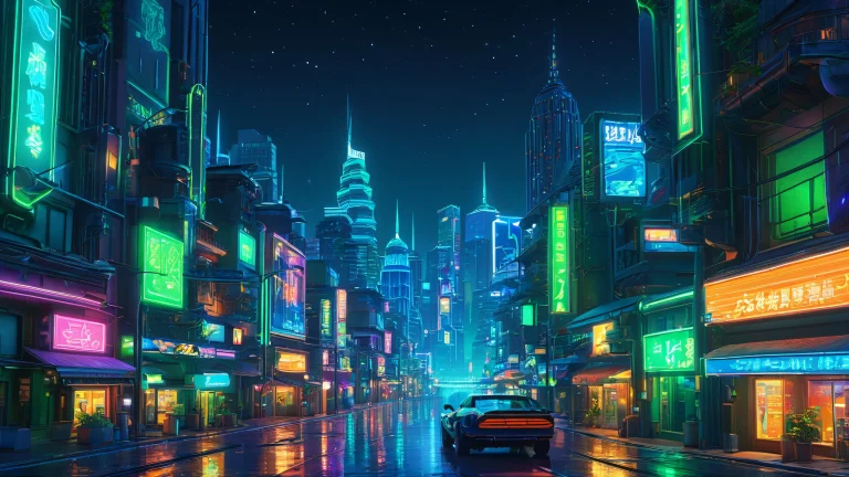 A vibrant digital painting of a cityscape at night, featuring deep blues and neon greens.