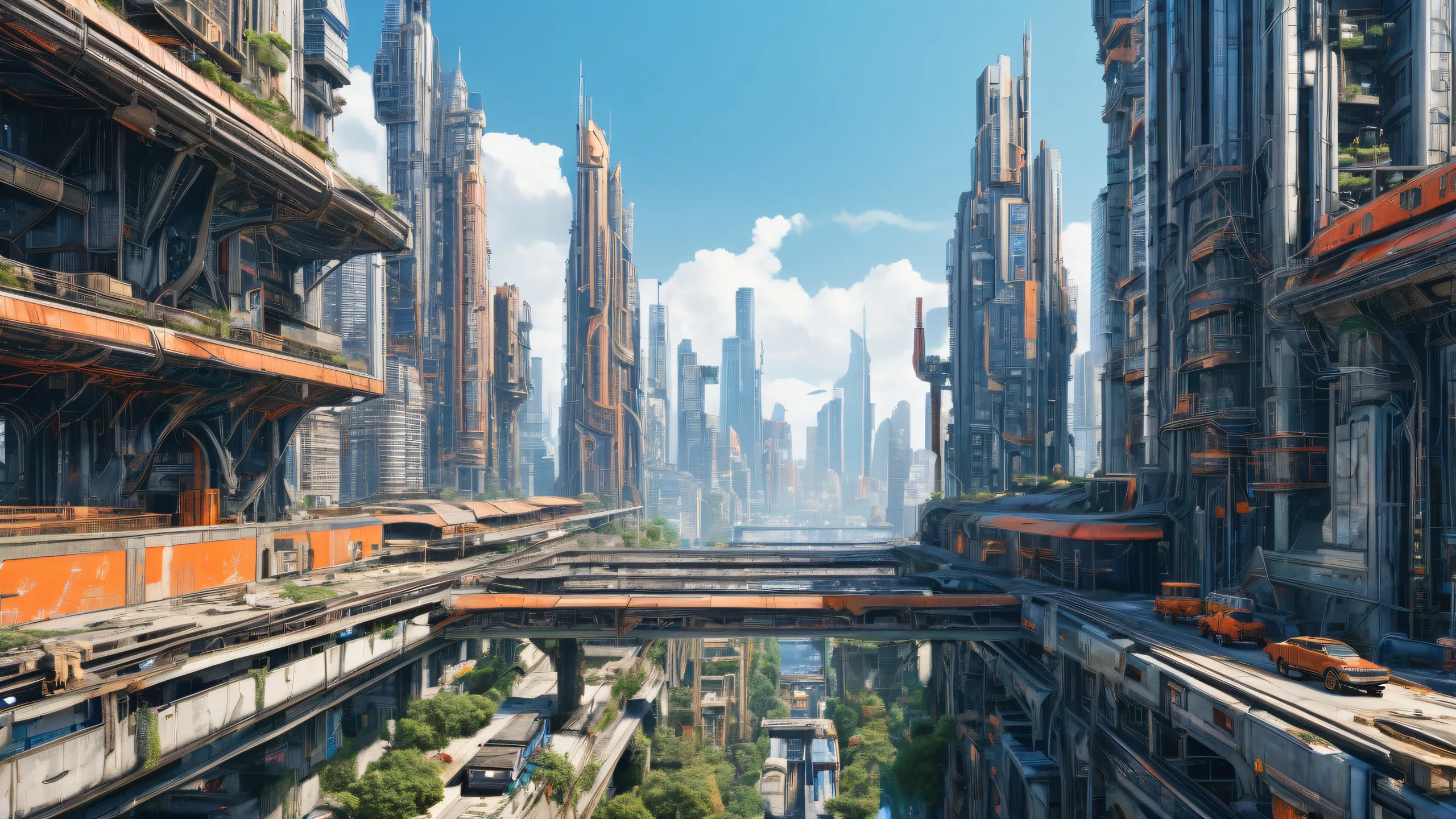 A futuristic metropolis rises from post-apocalyptic ruins on a desktop/PC background.