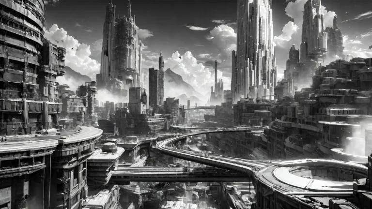 A dark and gritty cityscape at night, with towering skyscrapers and neon lights casting long shadows.