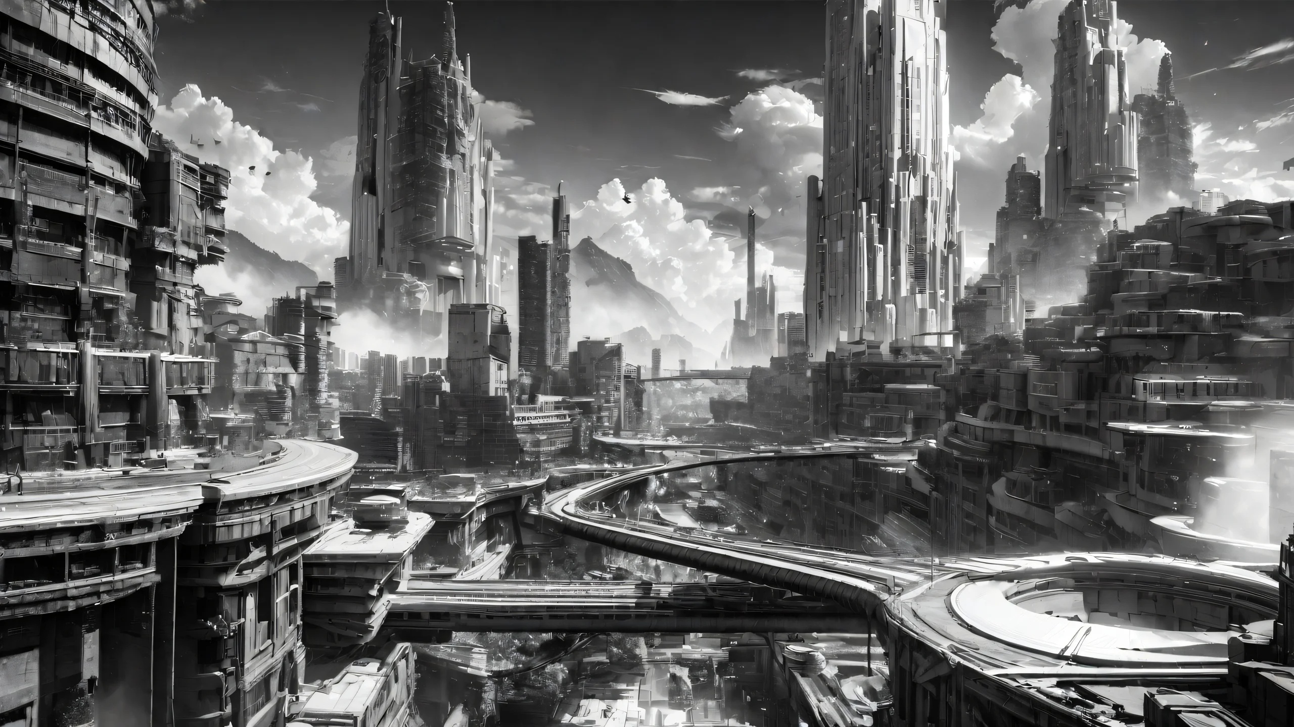 A dark and gritty cityscape at night, with towering skyscrapers and neon lights casting long shadows.