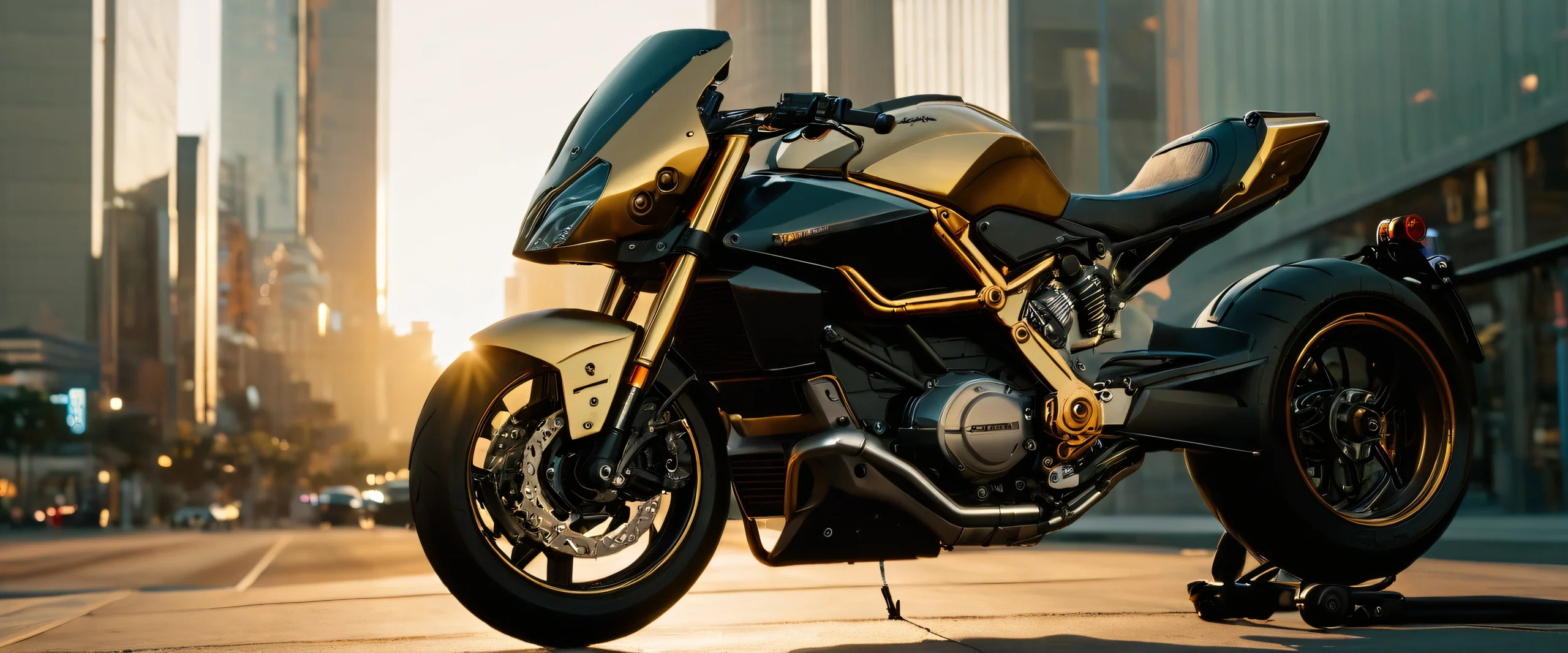 Epic Cyberpunk Motorcycle Scene 4K Desktop Wallpaper Highly detailed motorcycle components and futuristic cityscape in the background.