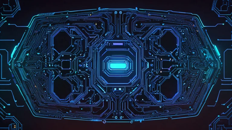 A dark and gritty cyberpunk cityscape at night, with neon lights reflecting off wet streets.