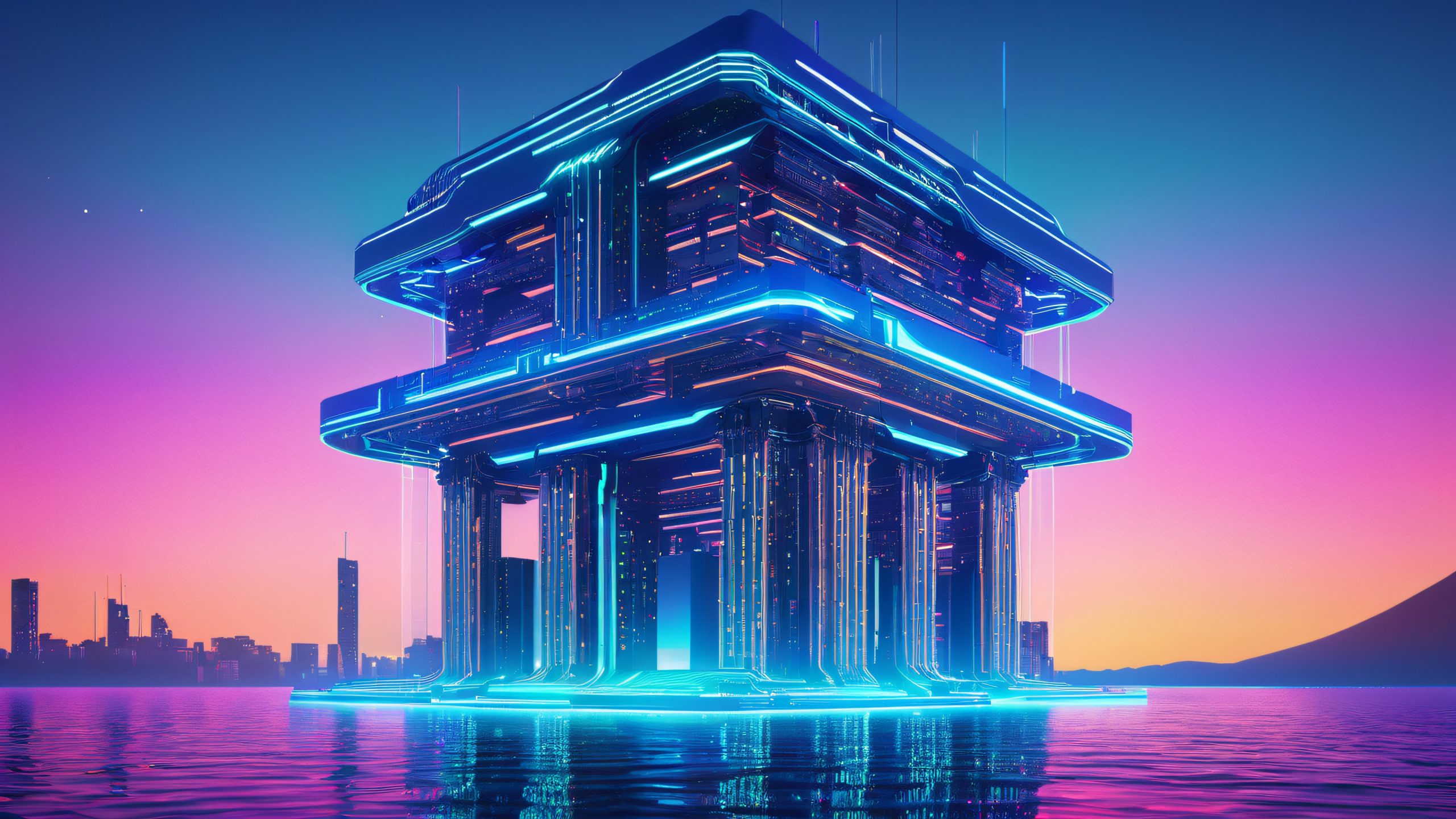 A futuristic digital structure rises from a sea of ones and zeros on a dark cityscape, surrounded by neon lights and holographic advertisements, suitable for a desktop or PC.