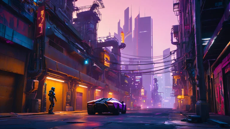A futuristic space force operative clad in a sleek tactical suit stands in a dimly lit dystopian alleyway with neon-lit cityscapes, suitable for desktop/pc backgrounds.