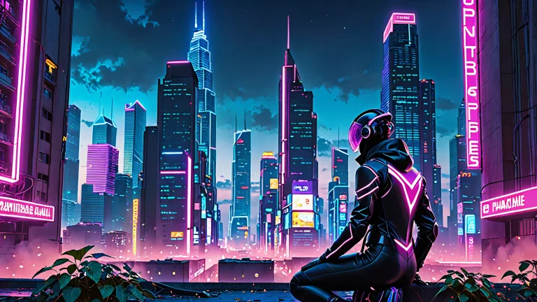 A dystopian cityscape on a desktop or PC, with vines overgrown and neon lights flickering in the darkness, featuring a lone hacker.