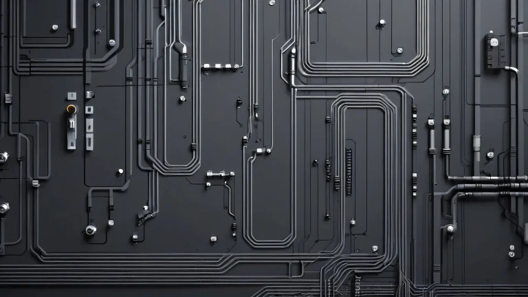 A dark and gritty cyberpunk cityscape at sunset, with neon lights reflecting off wet pavement.