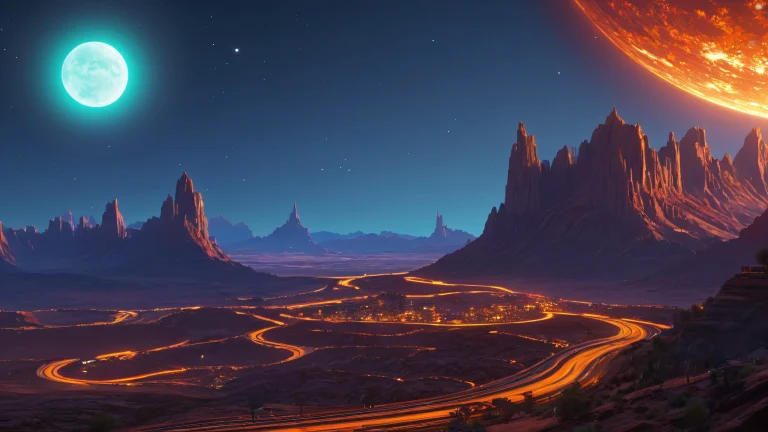 A futuristic cityscape with neon lights and cybernetic elements at dusk