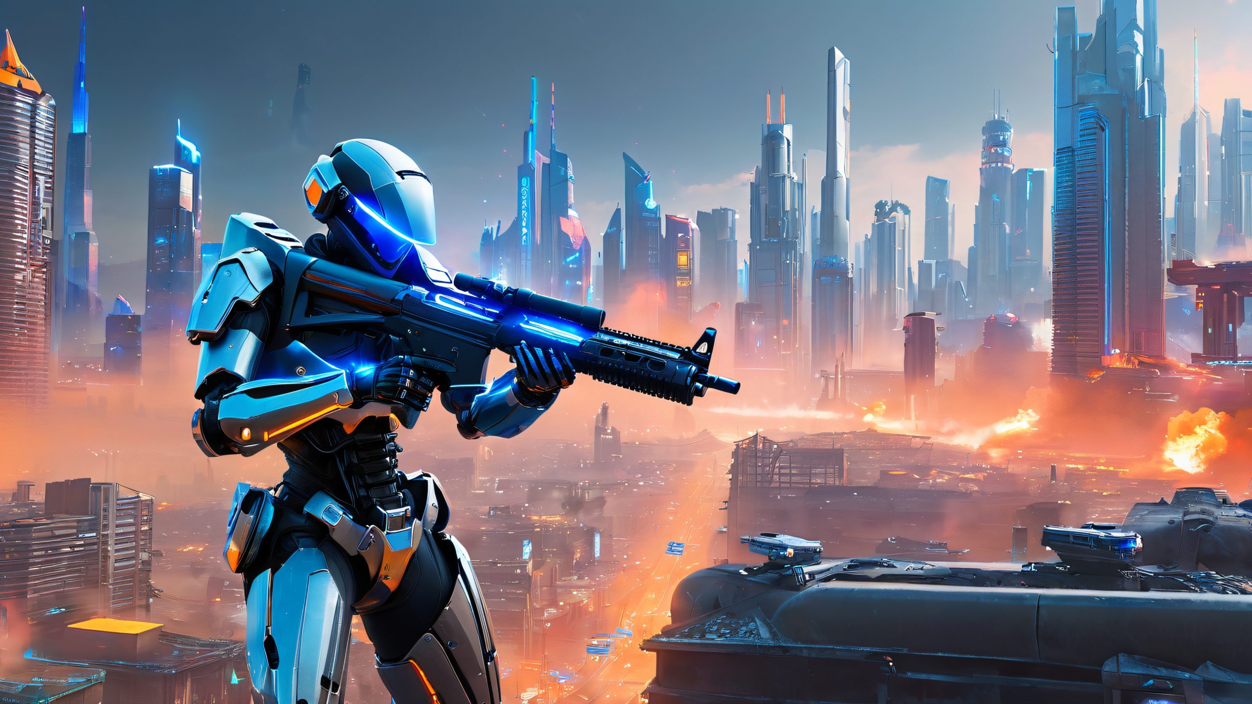 A futuristic sniper in a high-tech exosuit takes aim amidst cityscape ruins on a desktop/pc background.